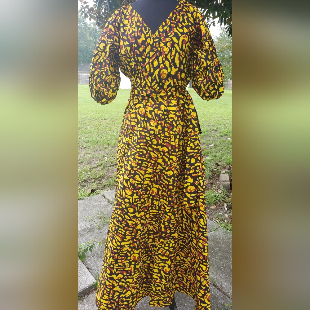 Elegant Yellow and Brown 3/4 Sleeve Wrap Dress